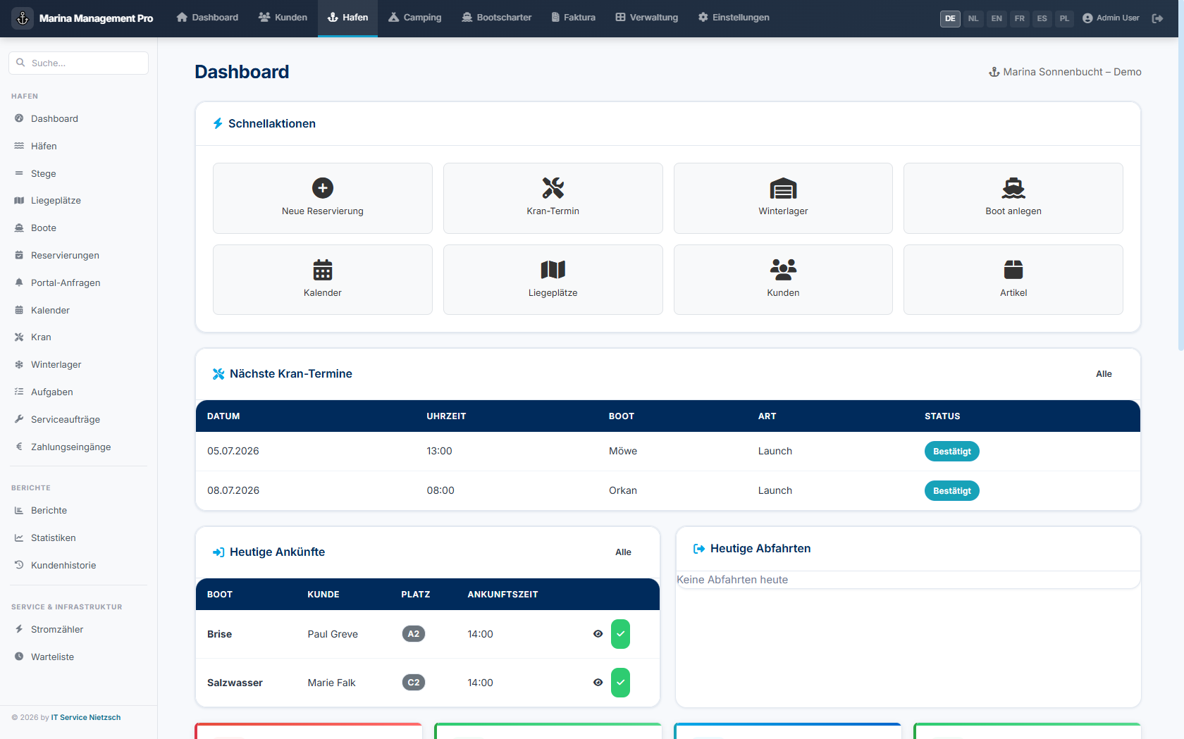 ITN Marina Management – Dashboard mit Ankünften, Krantermine und Belegung in Echtzeit